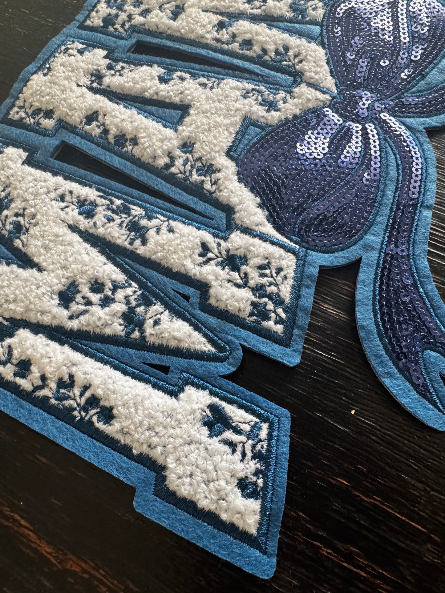 Royal Blue Mama Floral Bow Sequins and Chenille Patch