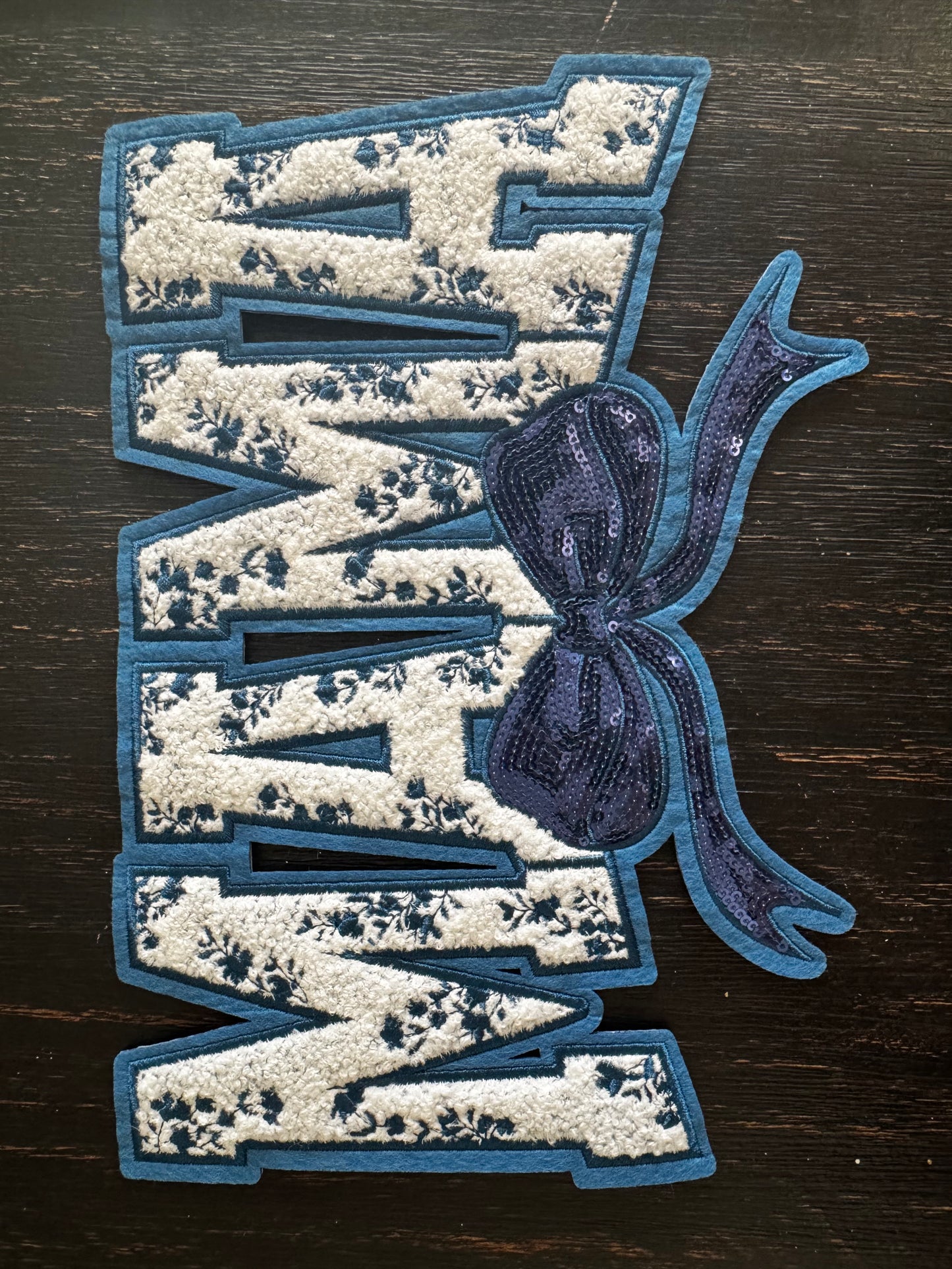 Royal Blue Mama Floral Bow Sequins and Chenille Patch