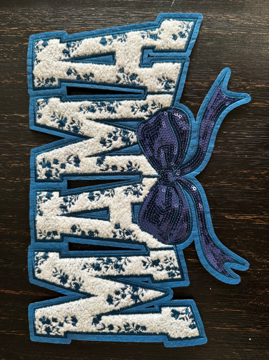 Royal Blue Mama Floral Bow Sequins and Chenille Patch