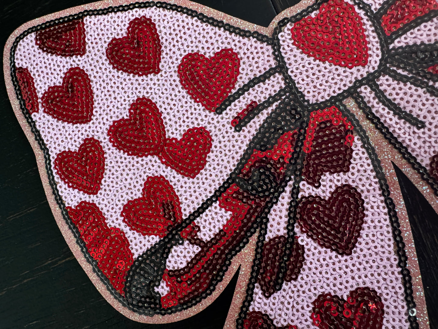 Pink Valentines Bow Hearts Sequins Patch