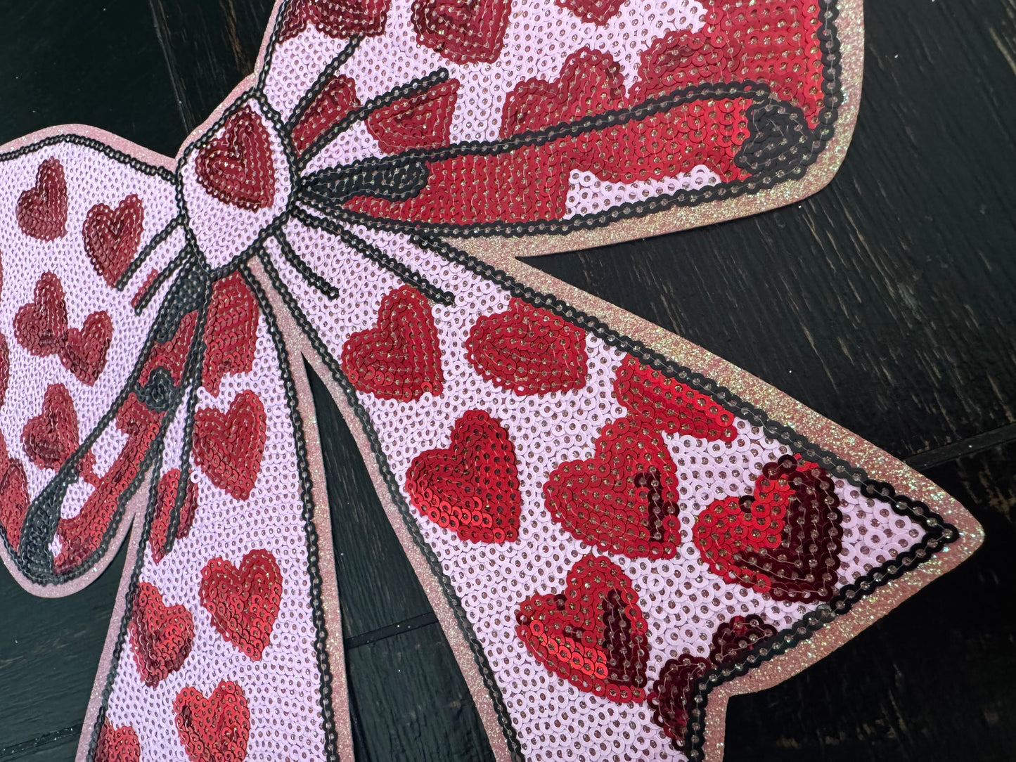 Pink Valentines Bow Hearts Sequins Patch