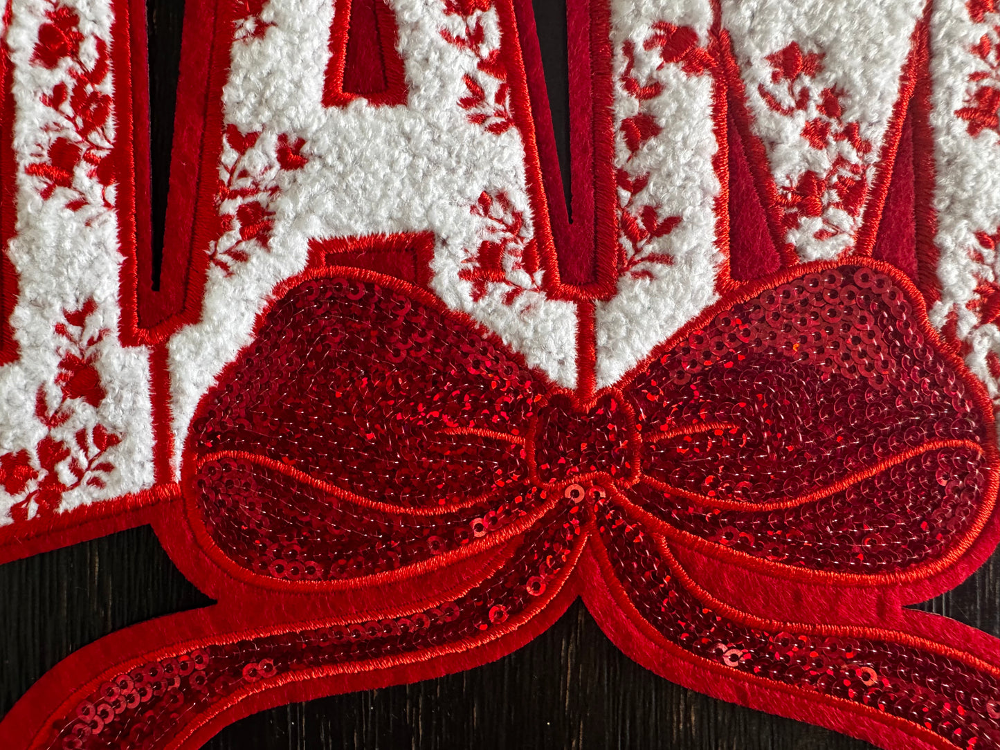 Red Mama Floral Bow Sequins and Chenille Patch
