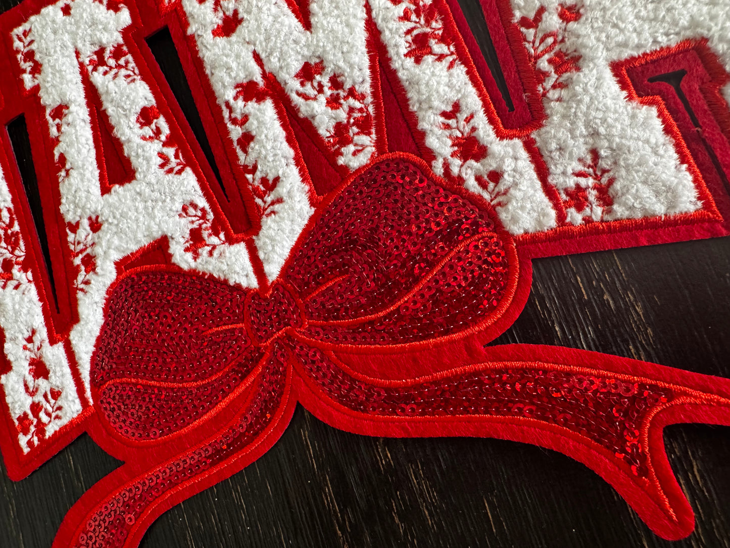 Red Mama Floral Bow Sequins and Chenille Patch