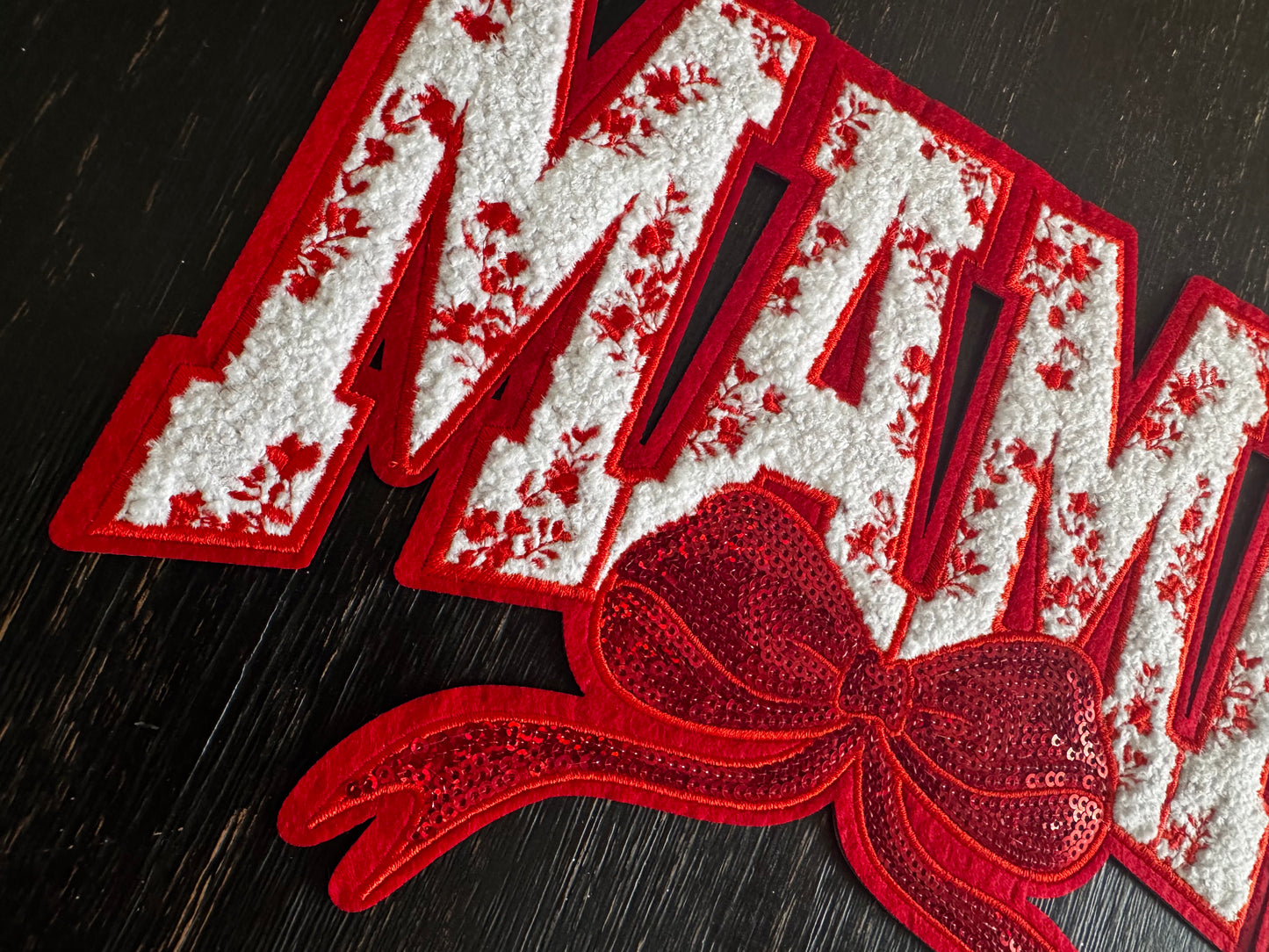 Red Mama Floral Bow Sequins and Chenille Patch
