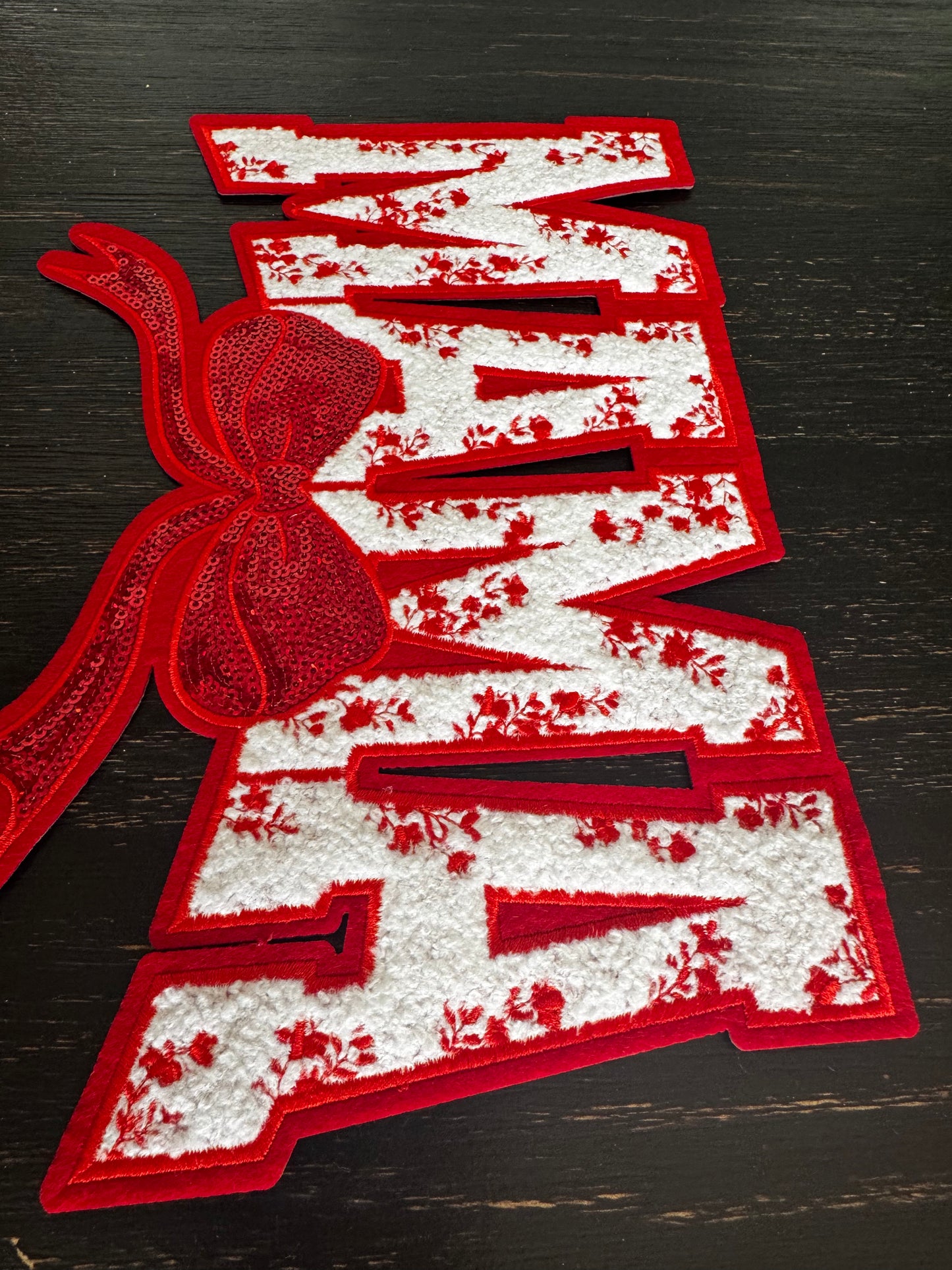 Red Mama Floral Bow Sequins and Chenille Patch