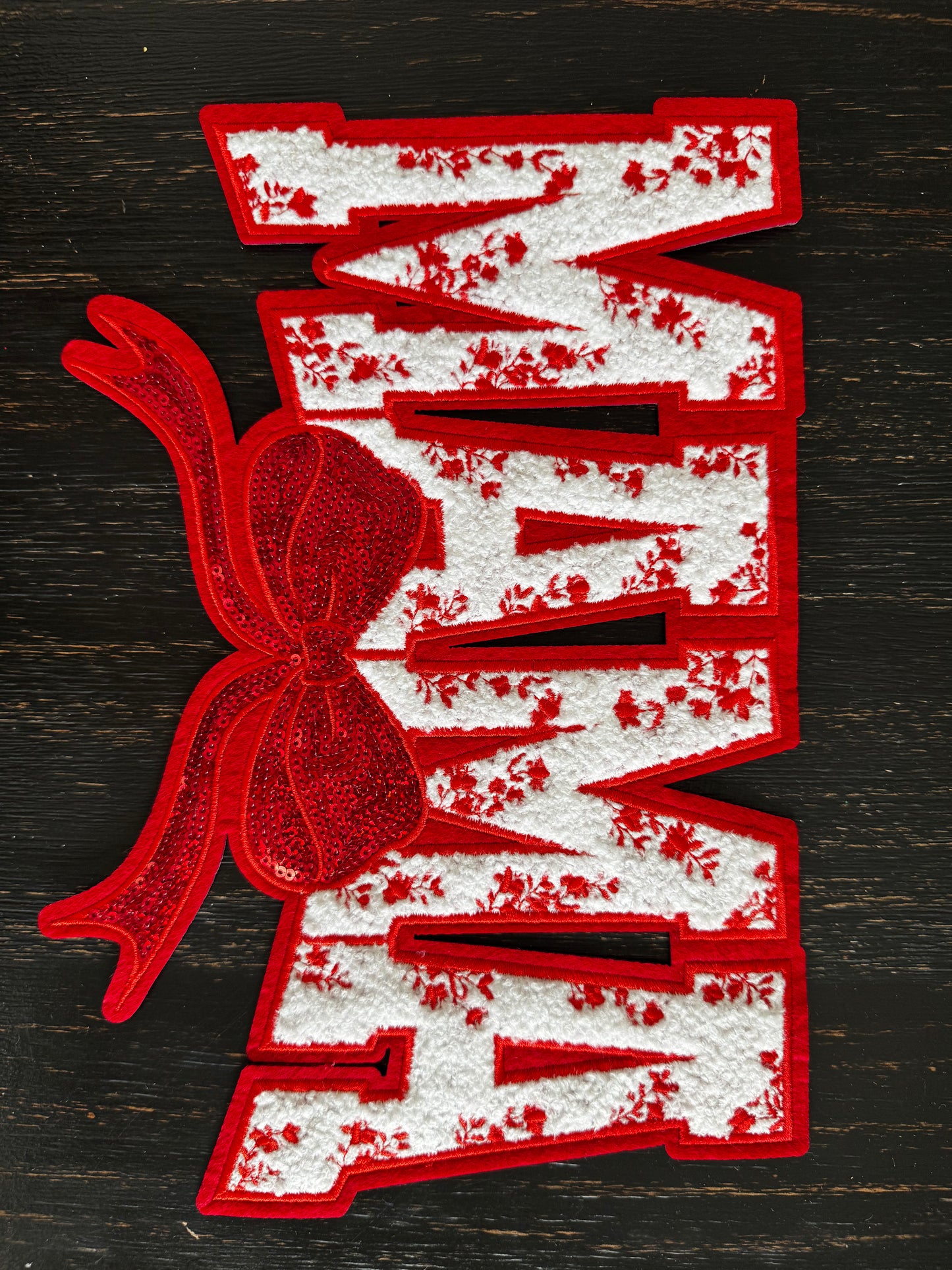 Red Mama Floral Bow Sequins and Chenille Patch